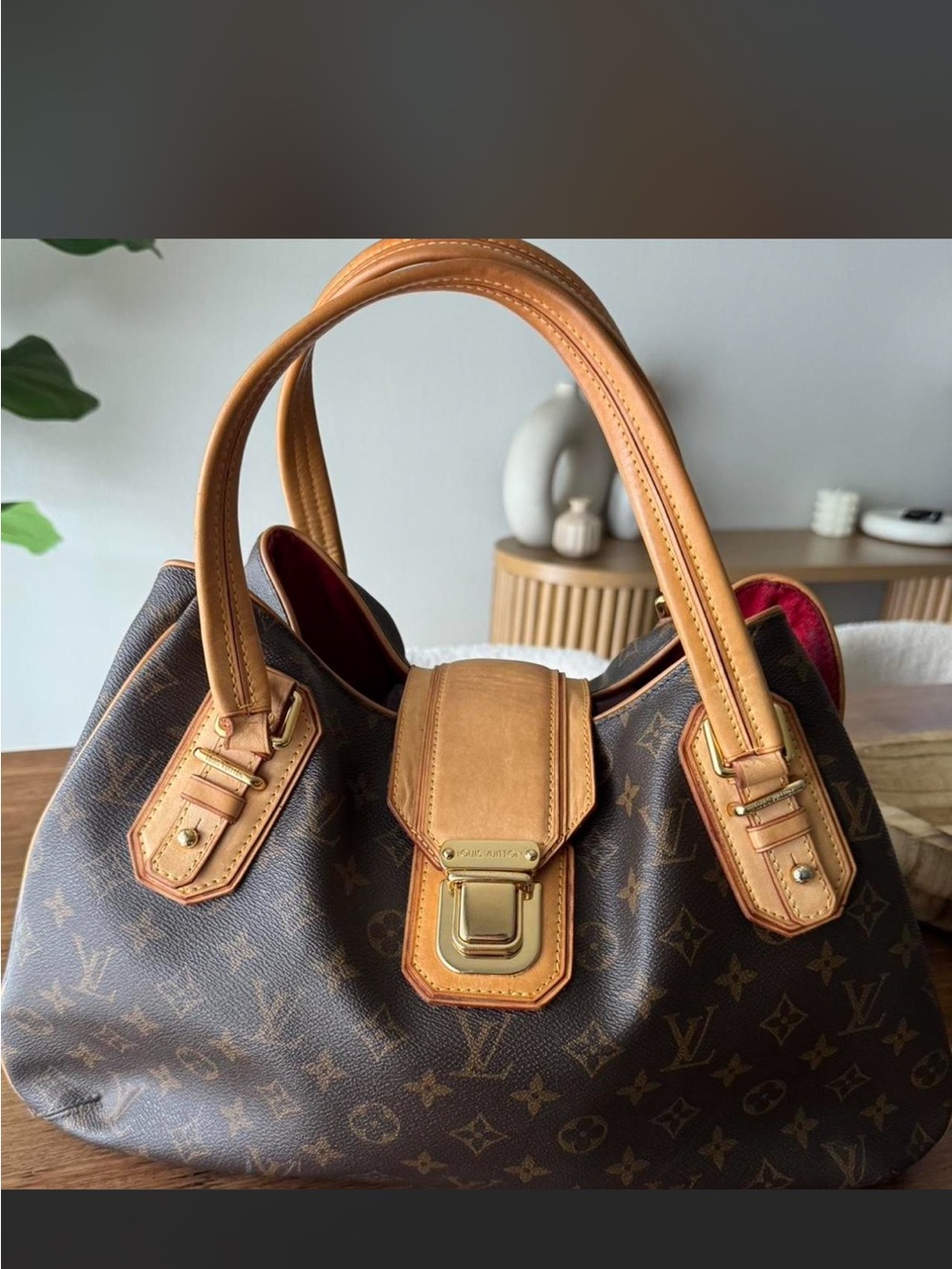Louis Vuitton Monogram Canvas Top-Handle Satchel with Tan Leather & Red Interior